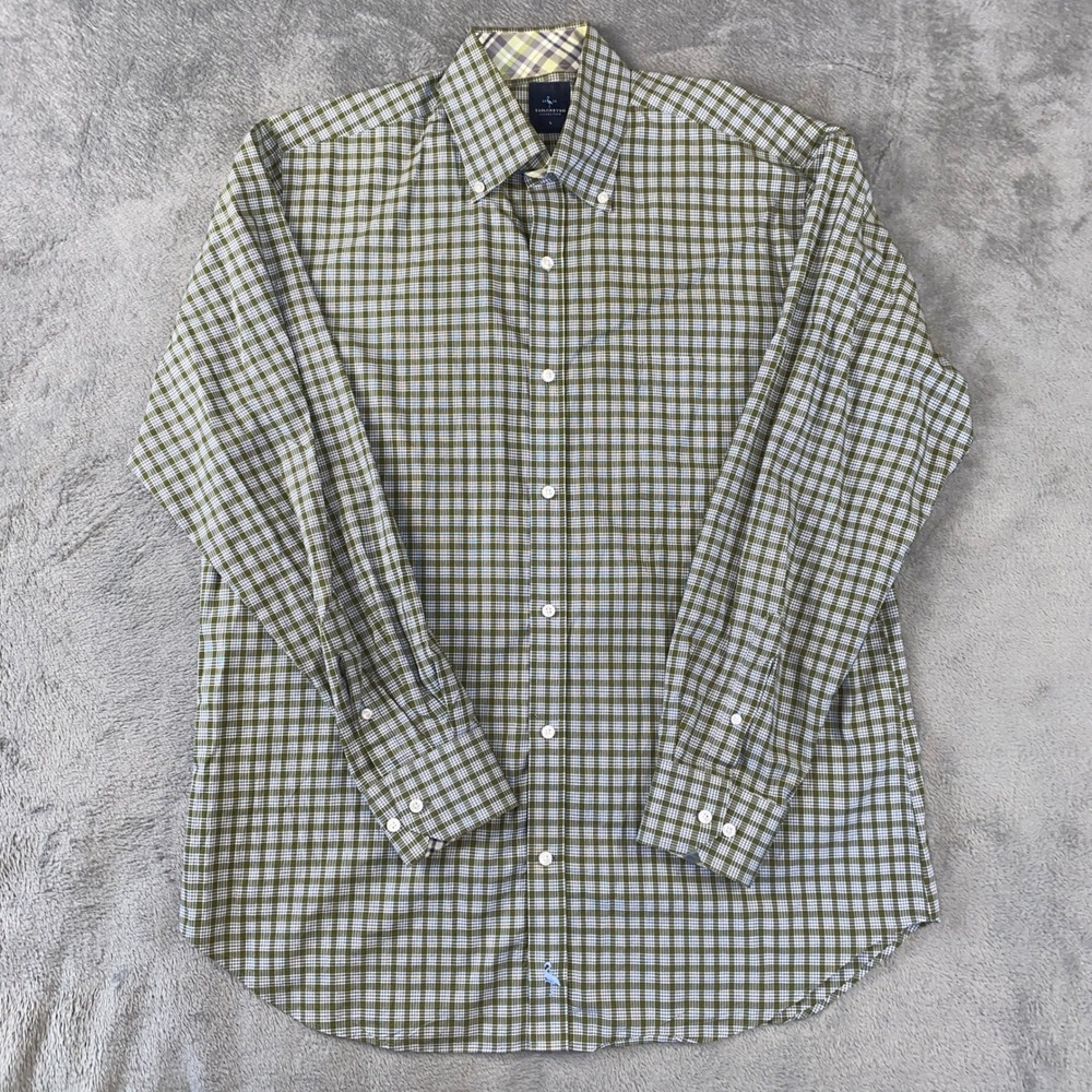 Tailorbyrd Button Down Shirt Mens L Green Blue Plaid Cotton preppy Office Casual